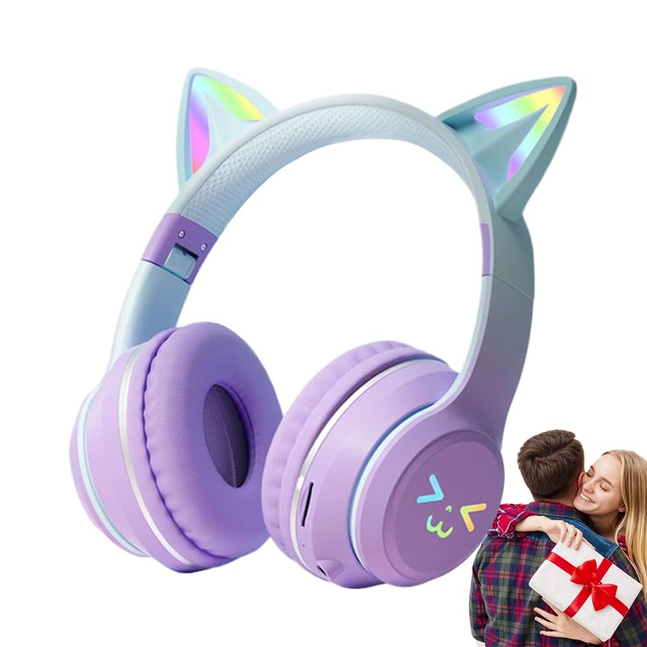 Casti wireless cu urechi de pisica, microfon, lumina LED, multicolor, pliabile
