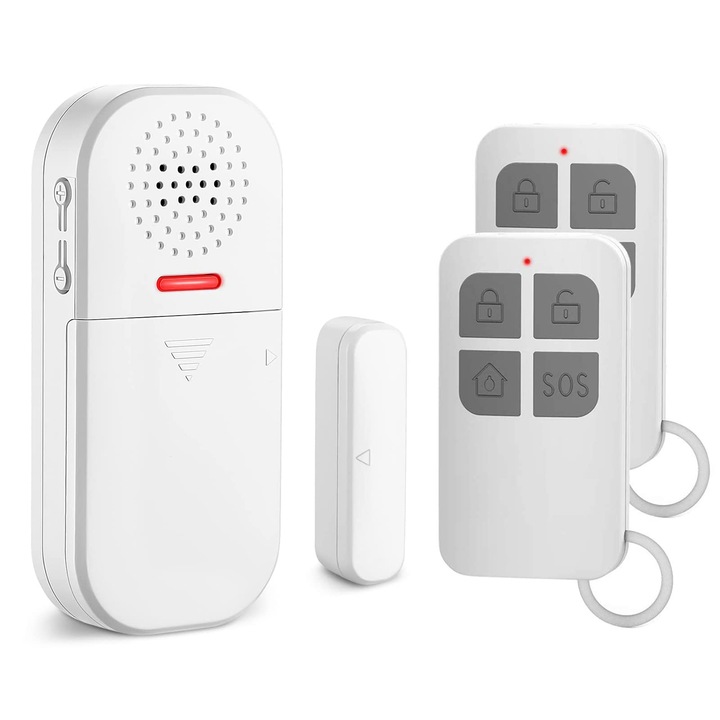 Alarma usa si fereastra, 130dB, 5 moduri, telecomanda, wireless, alb, mic
