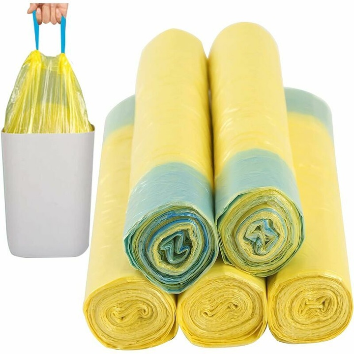 Set 75 bucati, pungi de gunoi/pungi menajere 45 x 50 cm pentru cos 10-15 L, cu snur de strangere, din polietilena ecologica, rezistente la rupere si perforare, galben, 5 role x 15 buc