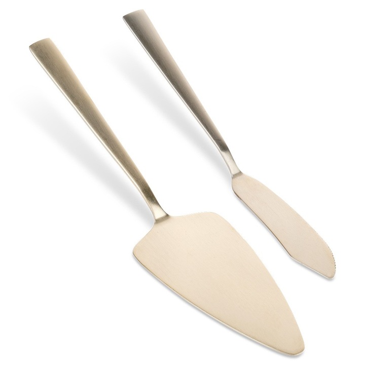 Set Rafinat De Servire Format Din Spatula Si Cutit Pentru Tort Sau Prajituri, Fabricat Din Otel Inoxidabil Rezistent, Finisaj Deosebit Auriu Mat, Formele Ergonomice Asigura Portionarea Eleganta A Oricarui Desert Festiv, Compatibil Cu Masina De Vase
