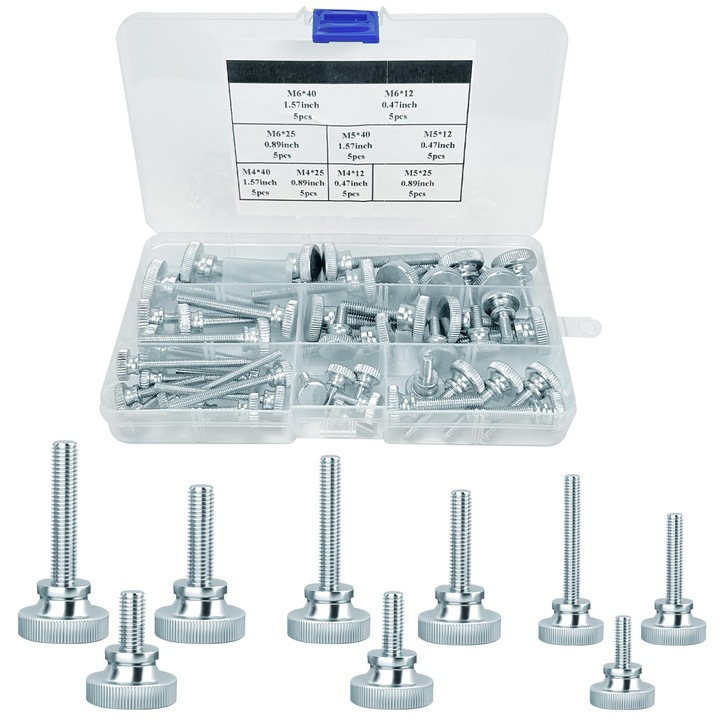 Set suruburi cu cap zimtat, M4 M5 M6, 12x25x40mm, metalic, 45 bucti