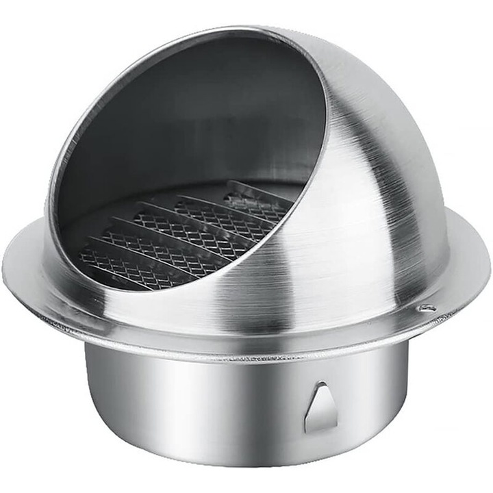 Grila de ventilatie/grila de aerisire rotunda 80 mm, din otel inoxidabil 304, cu capac cu balama si grilaj anti-insecte, argintiu, 1 buc