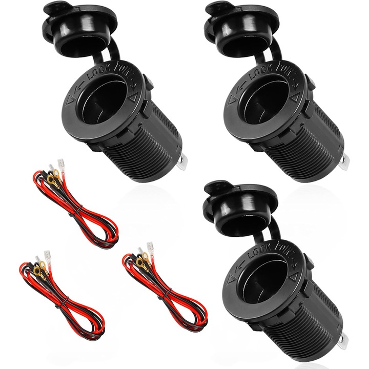 Priza pentru bricheta auto, set de 3, 12V-24V, rezistenta la apa, pentru masini, motociclete, barci