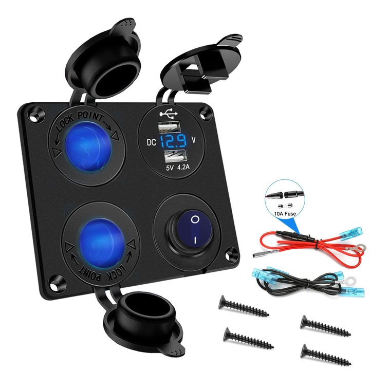 Soclu de incarcare auto 12V, incarcator dual USB, panou cu voltmetru LED, comutator impermeabil