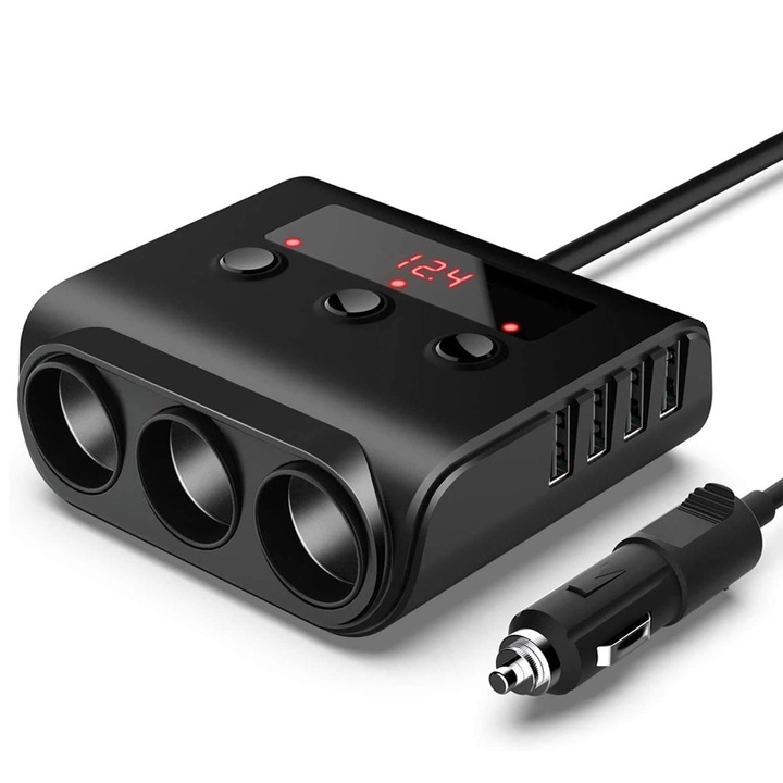 Incarcator auto multifunctional, 3 prize pentru bricheta, 4 USB, monitorizare voltaj, negru