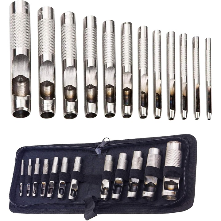 Set de 12 unelte perforatoare pentru piele, dimensiuni intre 3mm si 19mm, metal
