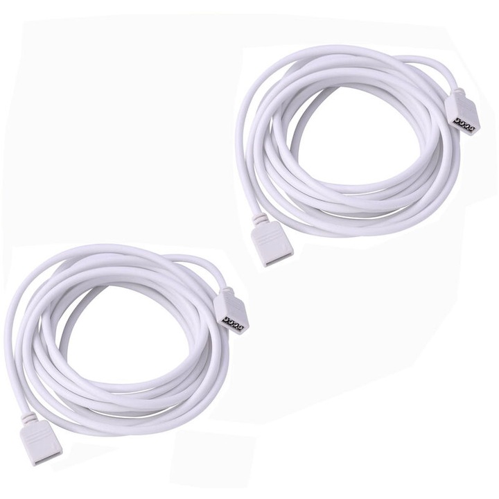 Set 2 bucati, Cablu prelungitor/extensie 4 pini pentru benzi LED RGB, 2m, compatibil 5050/3528/2835, conector plug-and-play fara lipire, izolatie PVC, Alb