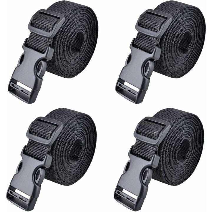 Set 4 bucati, chingi de fixare / curele de ancorare cu catarama cu eliberare rapida, polipropilena 1000D, catarama cam rezistenta la coroziune, negru, 4 x 188 cm x 25 mm