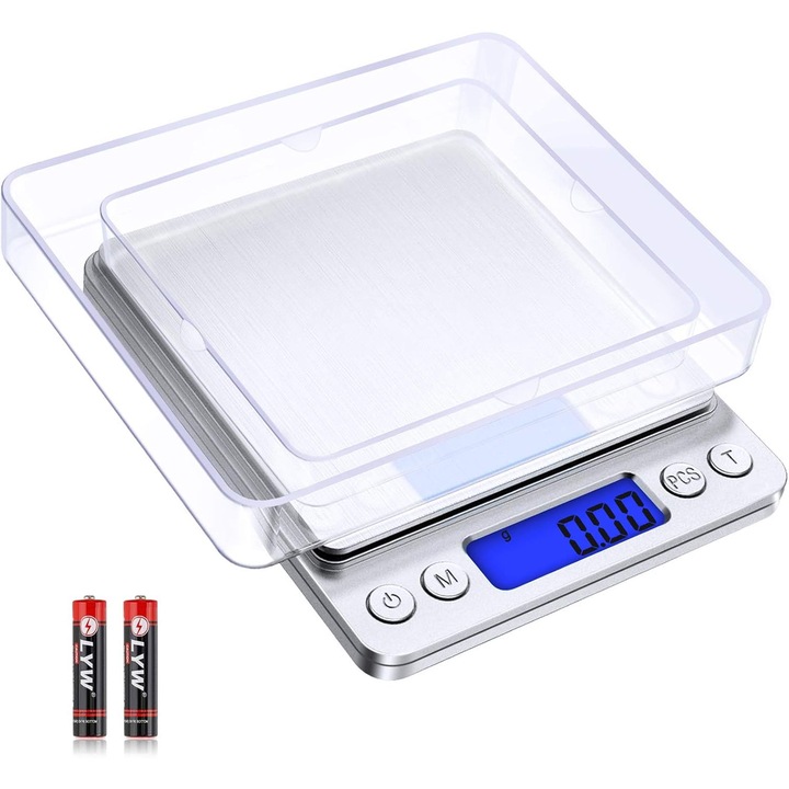 Cantar digital de precizie pentru bucatarie si bijuterii, precizie 0.01 g, capacitate 500 g, cu functie tare si PCS, doua platforme, argintiu/transparent, 1 buc.