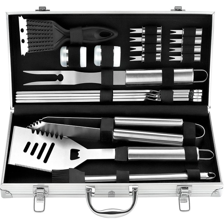 Set complet ustensile gratar 19 piese, inox, cutie aluminiu, transport convenabil