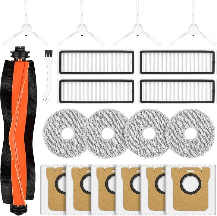 20 de accesorii pentru aspiratorul robot Xiaomi X20+. 1 perie principala, 4 filtre HEPA, 4 lavete, 6 saci de praf, 4 perii laterale, 1 perie de curatare