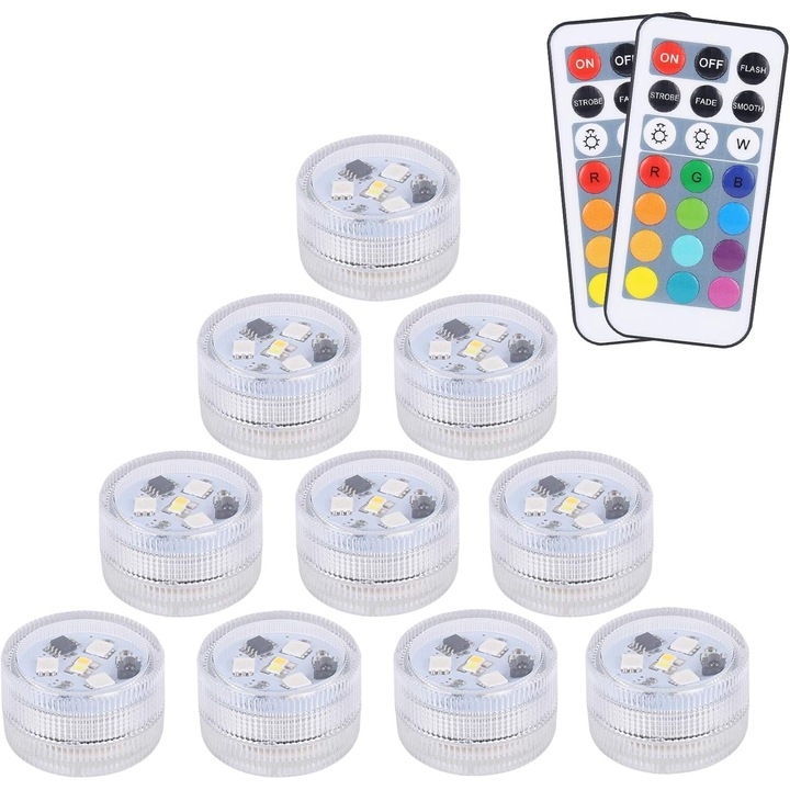 Set 10 lumini LED submersibile, cu telecomenzi pentru decorare acvariu, vaze, piscine, Craciun, Halloween