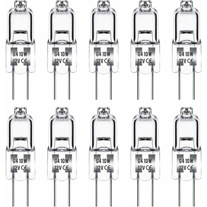Комплект от 10 халогенни крушки G4, 10W, 12V, топло бяла светлина 2800K, 150 лумена, димируеми