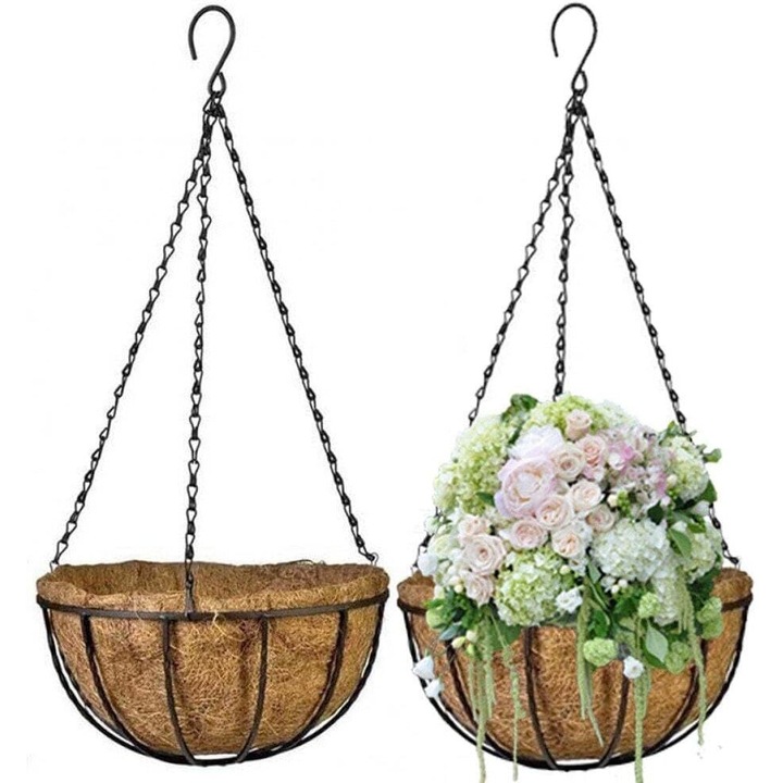 Set de 10 ghivece suspendate cu captuseala din fibra de cocos, suporturi rotunde pentru plante, cu lant