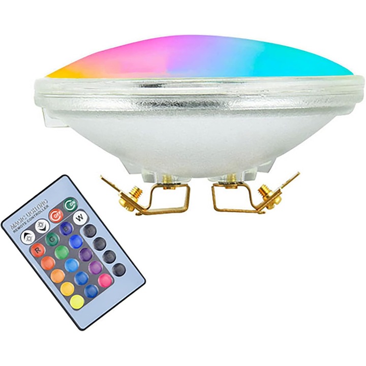 Bec LED PAR36 G53 RGB 9W, proiector/spot pentru exterior, 900 lm, cu telecomanda si schimbare culori, IP65 rezistent la apa, AC/DC 12V, Multicolor, 1 buc