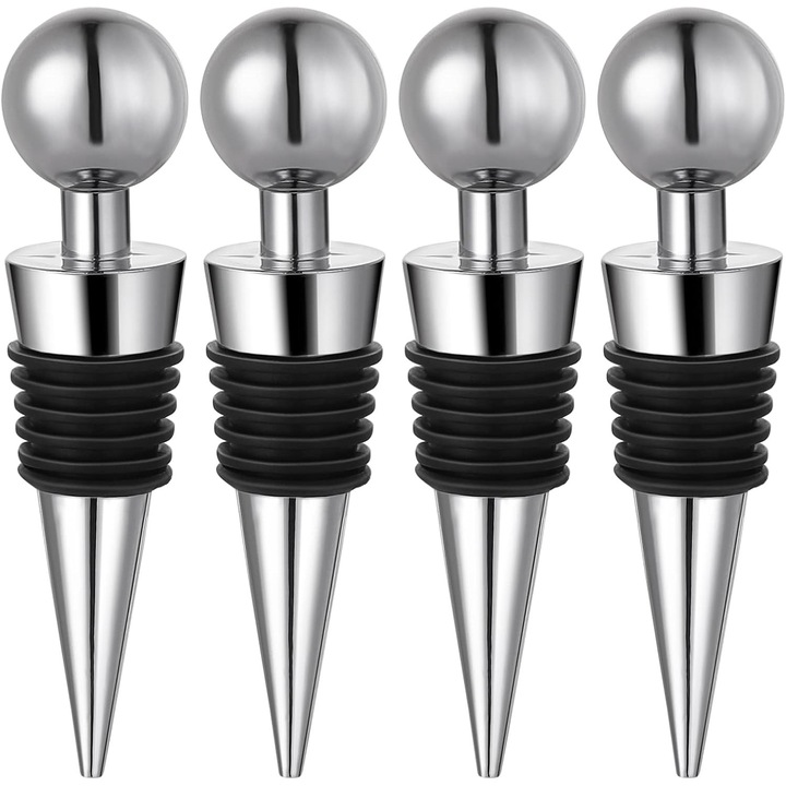 Set 4 dopuri/capace pentru sticle, reutilizabile, etanse, din plastic si silicon cu finisaj electroplacat, argintiu/negru, 9 cm
