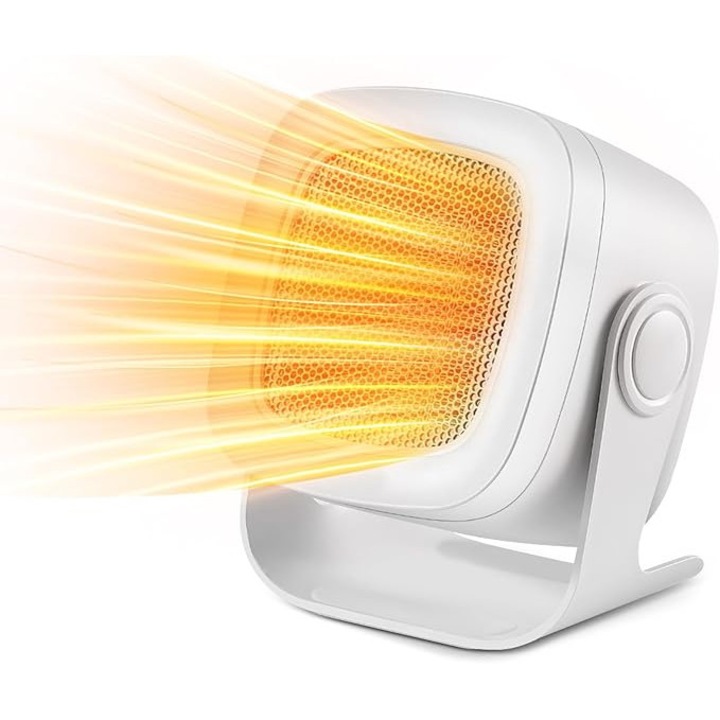 Mini PTC ventilátoros fűtőtest, hordozható kerámia fűtőtest, 2 fokozat 400/800W, 90°-os oszcilláció, túlmelegedés elleni védelem és automatikus kikapcsolás felborulás esetén, fehér, 16.3x15.3x10.6 cm