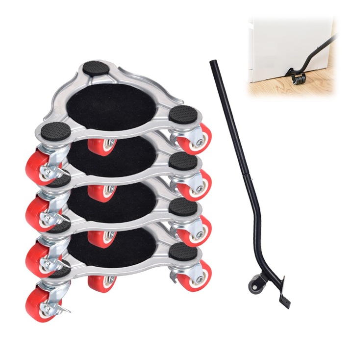 Set de roti pentru mutarea mobila grea, roti rotative la 360° cu blocare si dispozitiv de ridicare a mobilei, ajutor universal pentru mutarea canapelei, comodei si mobilier greu
