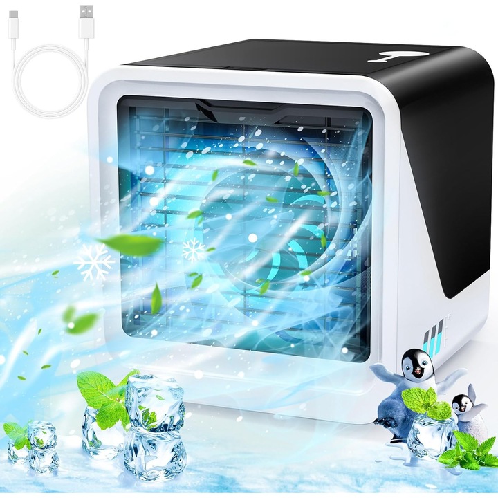 Racitor Ventilator aer portabil, Bedee, Ventilator tip C silentios, rezervor de apa de 500 ml, 3 viteze, 7 culori, 8W, lumina de noapte, Zgomot extrem de redus, potrivit pentru dormitor, birou, Alb/Negru