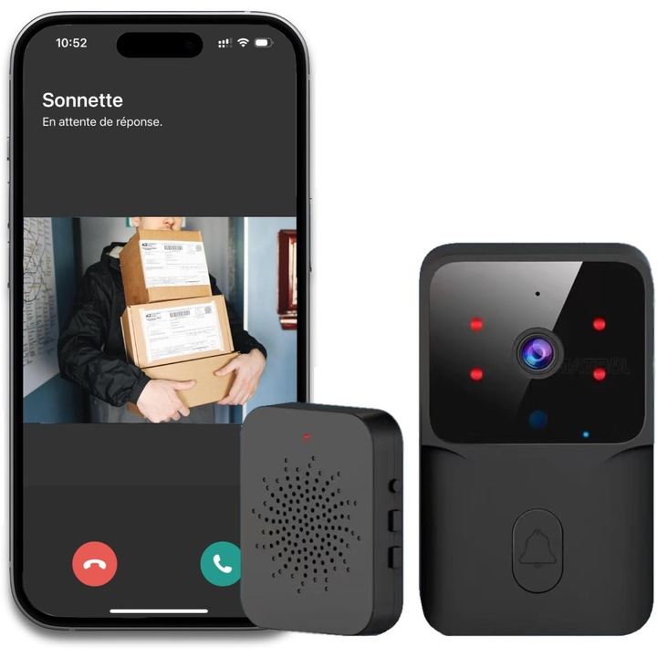 BEARWIN vezeték nélküli csengő kamerával, kétirányú videó, fekete, 150M, 75 fokos látószög, 800mAh, 19 dallam, 4 hangerő