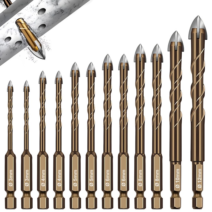 Set de 12 burghie pentru gresie, dimensiuni 2x3mm - 1x12mm, design hexagonal, pentru diverse materiale