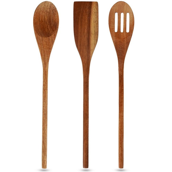 Set ustensile de bucatarie, Excellent Houseware, 3 piese, lemn de acacia, rezistente la umiditate, dimensiuni: 30x5cm, 30x5cm, 30x4,5cm