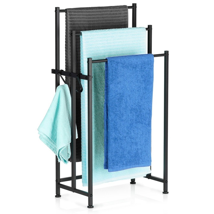 Suport pentru prosoape, Vilde, metalic, negru, 45,5x25,5x84cm, 3 bare, 2 carlige