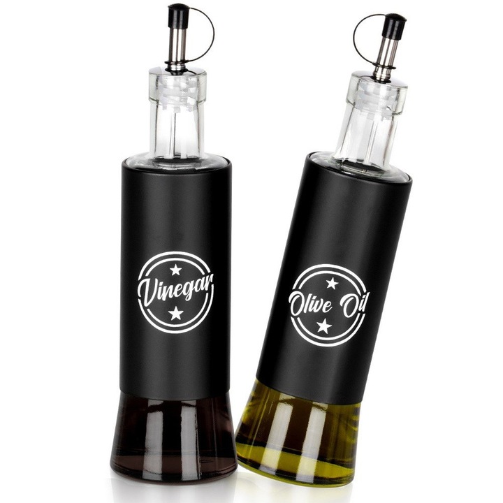 Set 2 Butelci din Sticla cu Dozator pentru Ulei si Otet, 300ml, Negru, 6,5x6,5x24cm