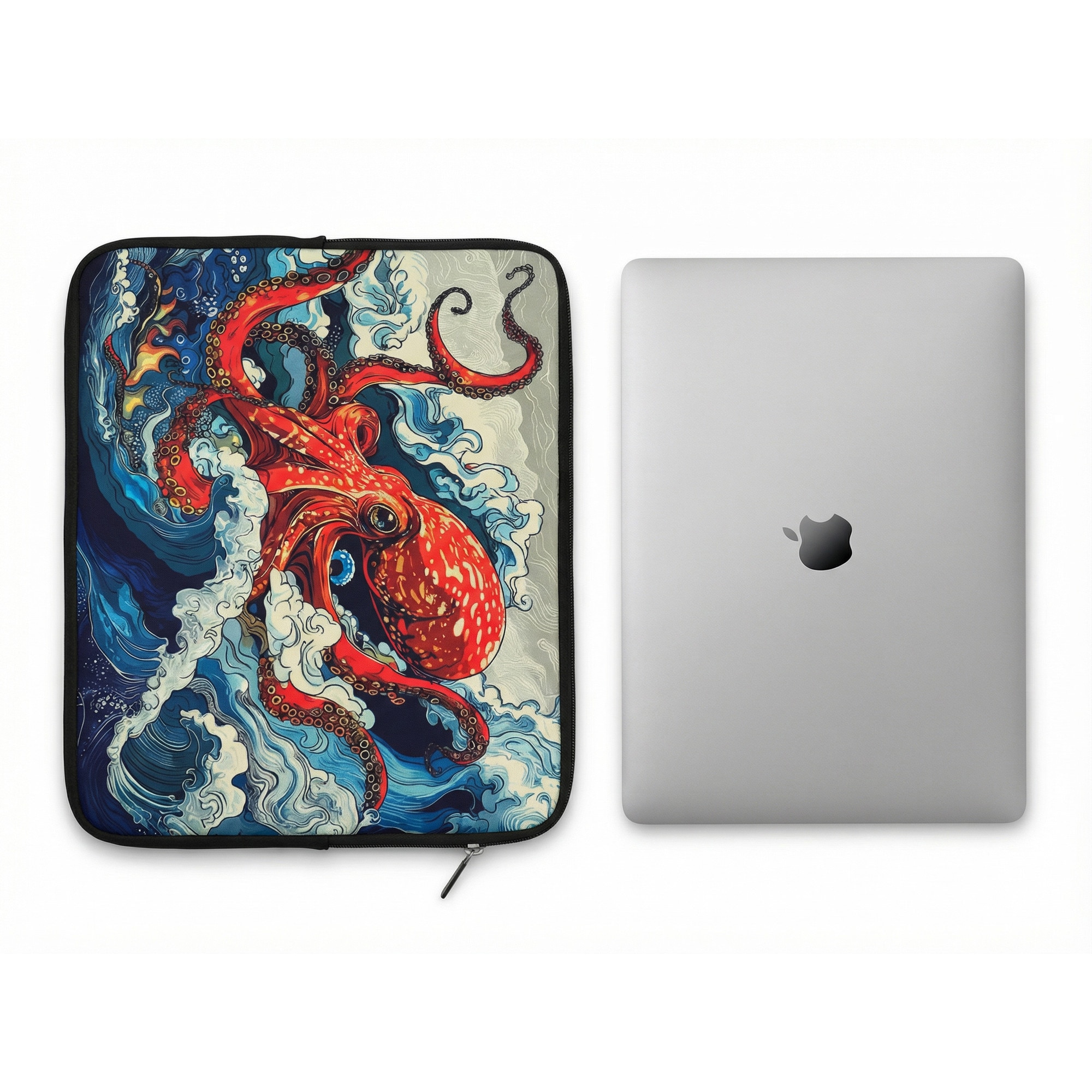 Husa pentru MacBook Pro/Air sau Laptop 14-15 inch, Tip Sleeve, Artinplace, Design Artistic,, Caracatita Ukiyo-e", Neopren, Protectie Anti-Soc, Impermeabila, Multicolor