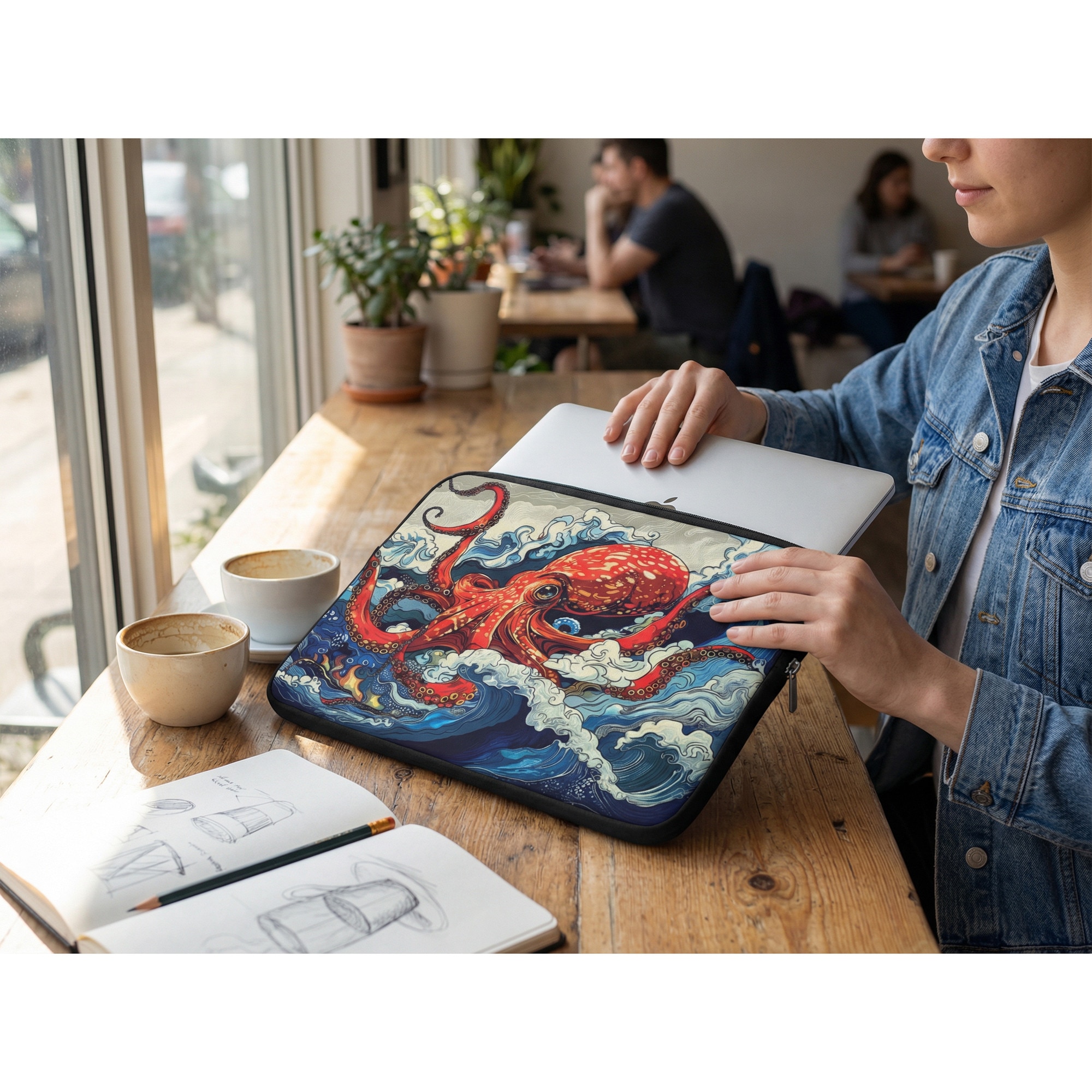 Husa pentru MacBook Pro/Air sau Laptop 14-15 inch, Tip Sleeve, Artinplace, Design Artistic,, Caracatita Ukiyo-e", Neopren, Protectie Anti-Soc, Impermeabila, Multicolor