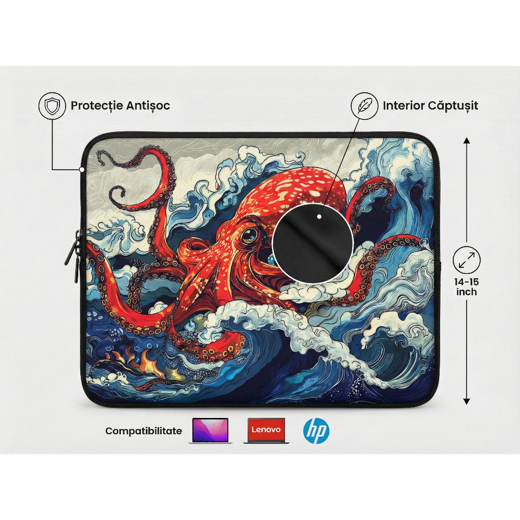 Husa pentru MacBook Pro/Air sau Laptop 14-15 inch, Tip Sleeve, Artinplace, Design Artistic,, Caracatita Ukiyo-e", Neopren, Protectie Anti-Soc, Impermeabila, Multicolor