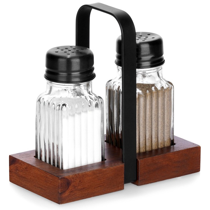 Fűszeradagoló készlet, Artemis, só- és borsszóró, átlátszó üveg, 60 ml, 3,5x3,5x9cm, fa tartóval