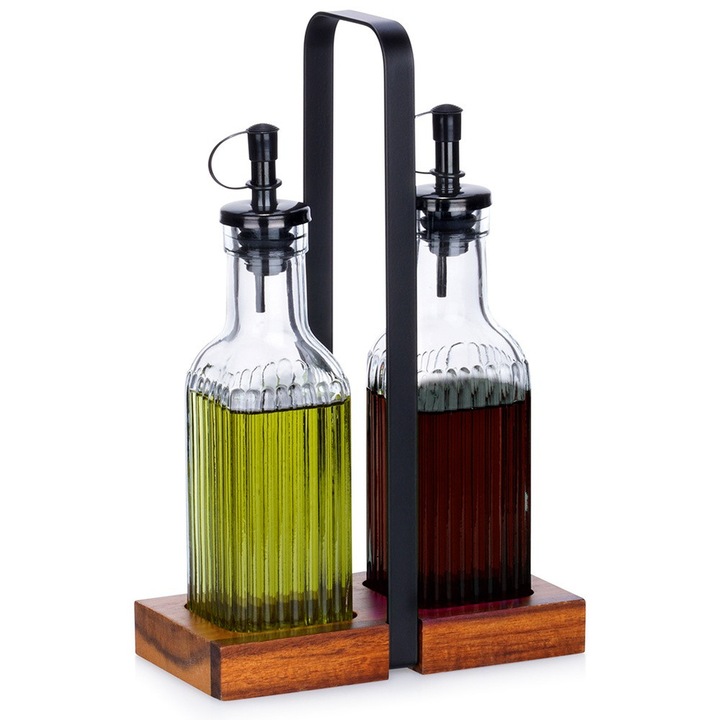 Set 2 butelci sticla pentru ulei si otet cu dozator, 190ml, transparent, suport din lemn si metal