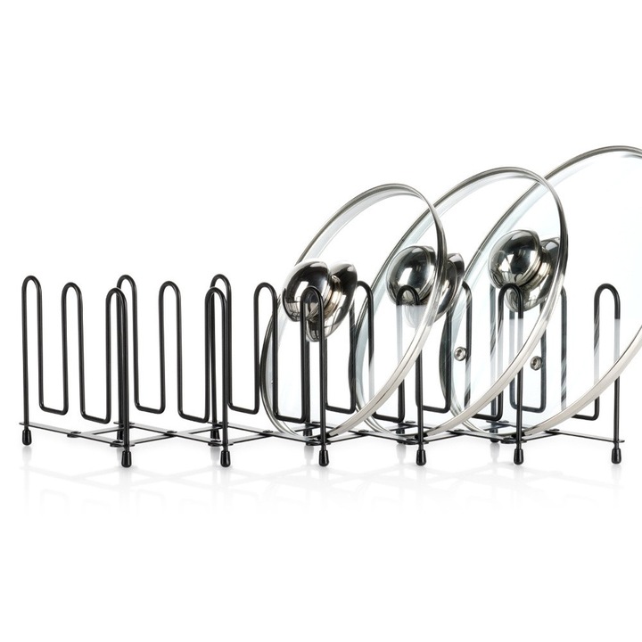 Organizer metalic pentru capacuri si farfurii, Vilde, extensibil 8-74 cm, negru