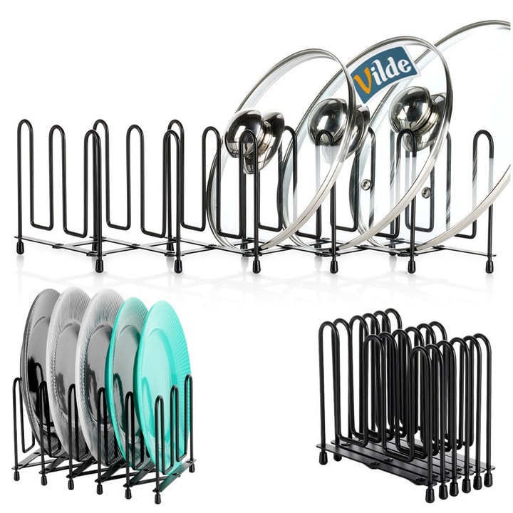 Suport pentru Tavi si Farfurii, Artemis, Metal, Negru, 8-74x16x13cm, Reglabil, pentru 5 Farfurii