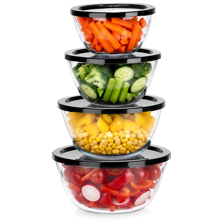 Set 4 boluri din sticla cu capac, Vilde, 750ml-2l, transparent, dimensiuni variate