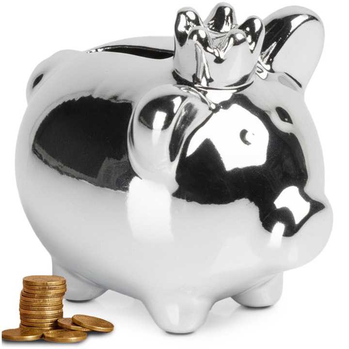 Skarbonka ceramica deschisa, Artemis, argintie, 9,5x7x8,5cm