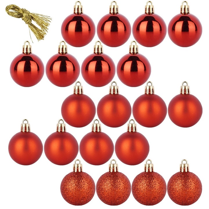 Set 20 globuri de Craciun rosii, Artemis, 4 cm, netulburatoare, mate si lucioase
