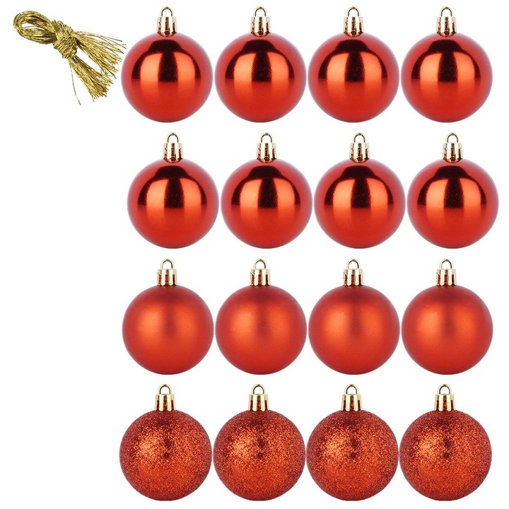 Set 16 globuri de Craciun rosii, 5 cm, mat, lucios, sclipici, Artemis