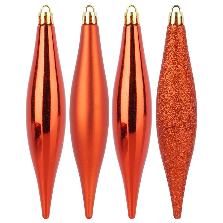 Set 4 globuri de Craciun rosii, forme de sclipici, mat si brocart, 3x15cm