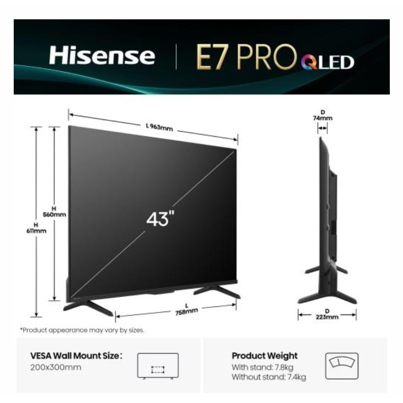 Televizor Hisense 43E7Q PRO 43inch 108cm QLED 4K VidaaOS 144Hz Dolby Atmos Negru