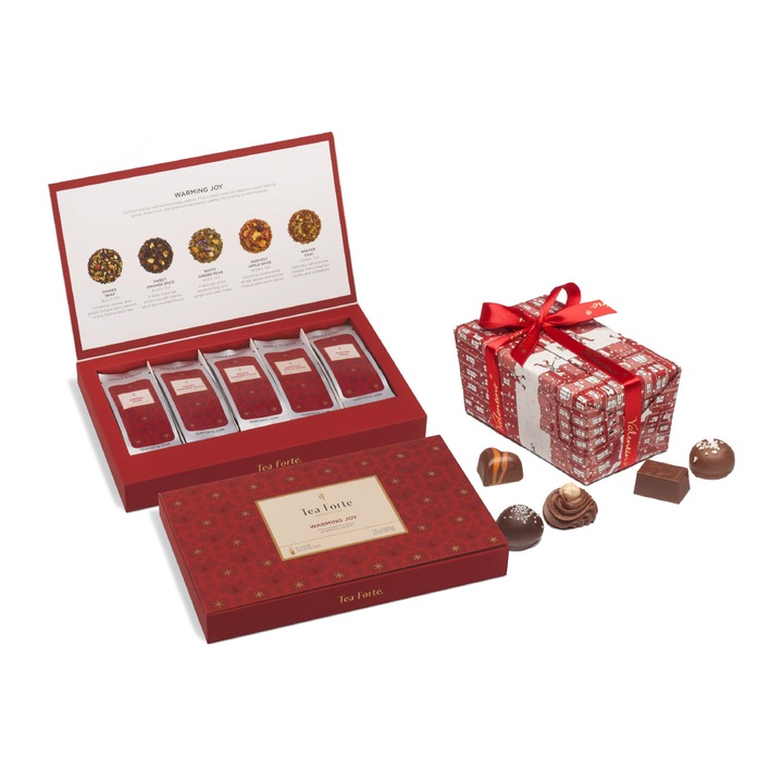 Cos cadou Belgian Bliss Box - Pachet premium Single Steep Warming Joy 15 infuzii, Ballotine 16 praline belgiene Valentino, Cutie cadou premium