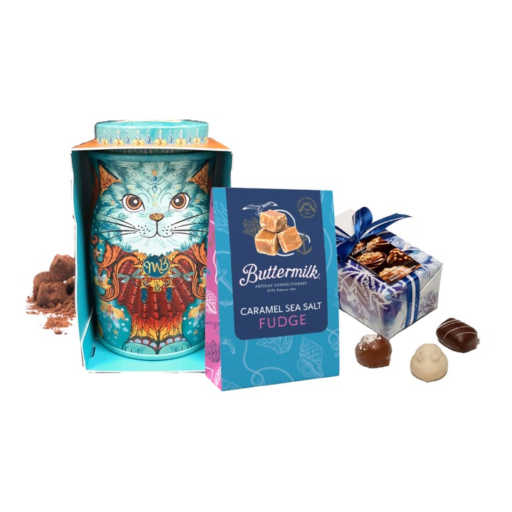 Cos cadou Noble Blue Collection - Pachet Premium Persian Tin Cat trufe cu ciocolata Monty Bojangles, Ice Crystal praline belgiene Valentino, Buttemilk cu caramel sarat 150gr, Cutie cadou