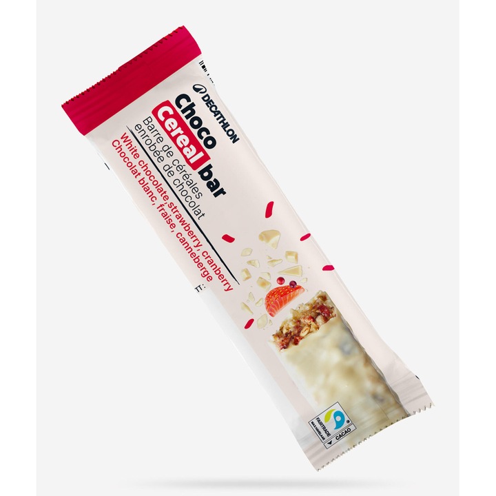 Baton de cereale si fructe de padure invelit in ciocolata alba fara marime, ciocolata alba, fructe rosii