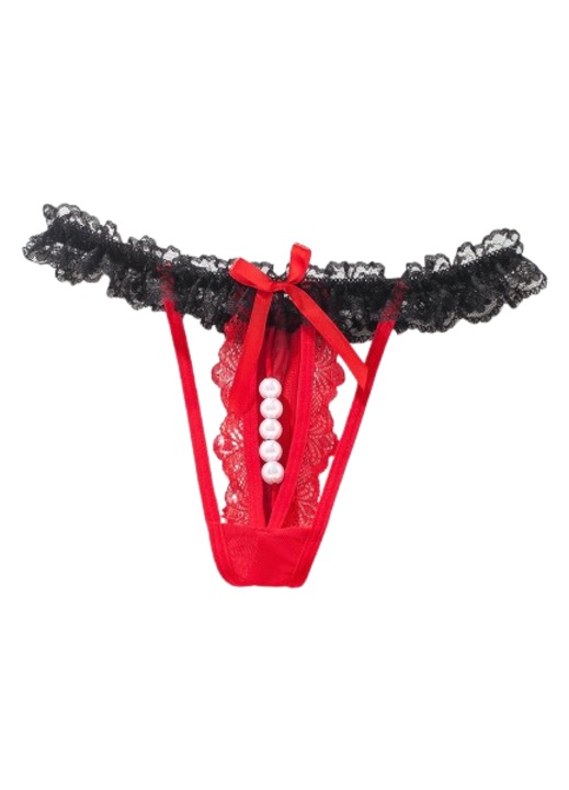 Női szexi fehérnemű, nejlon, gyöngyökkel, Piros