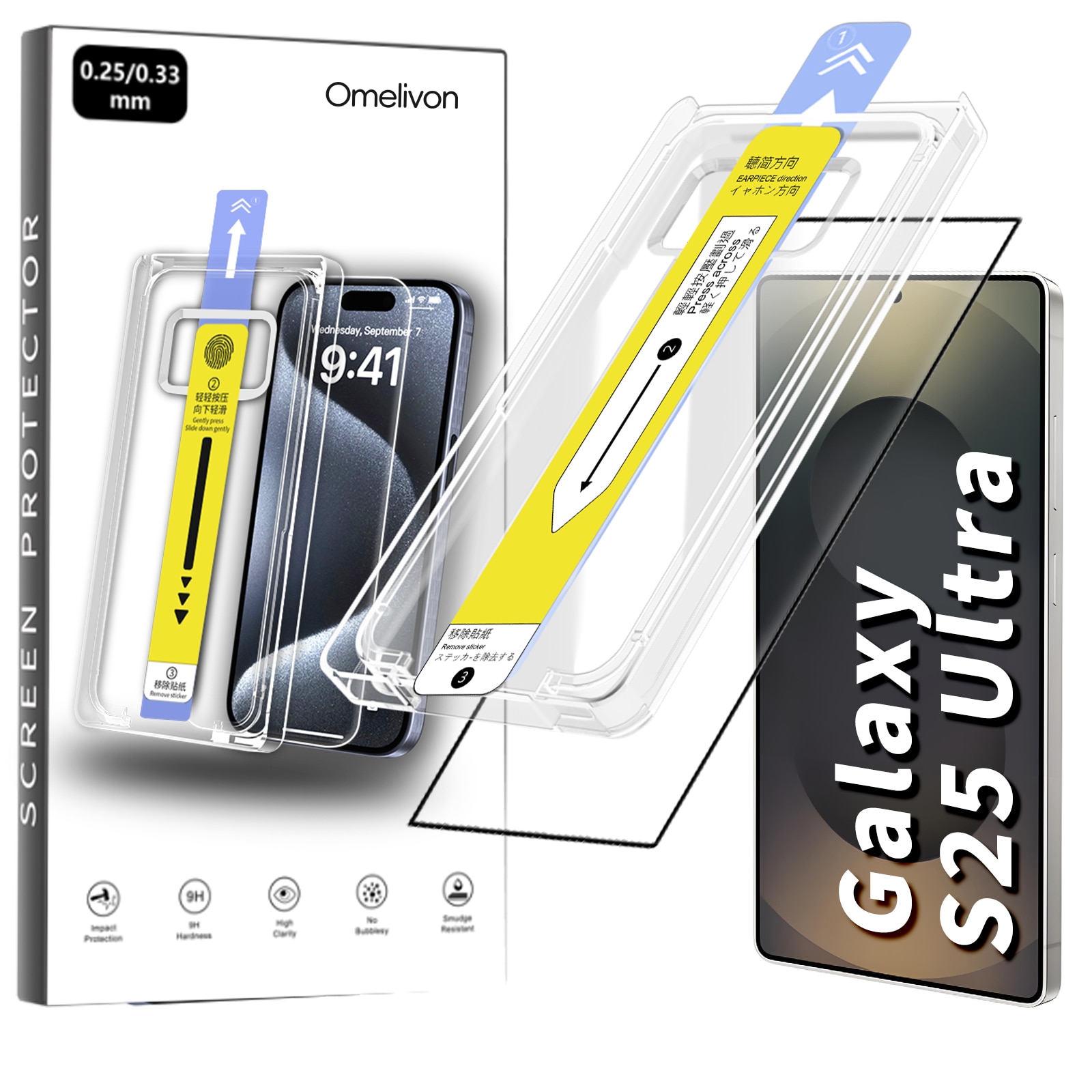 Folie de Protectie pentru Samsung Galaxy S25 Ultra, Omelivon, Sticla Securizata, Full Cover, Margini negre, cu Kit de Aplicare Instanta si Functie Automata de Indepartare a Prafului, Duritate 9H+, Ultra HD, Anti Amprente
