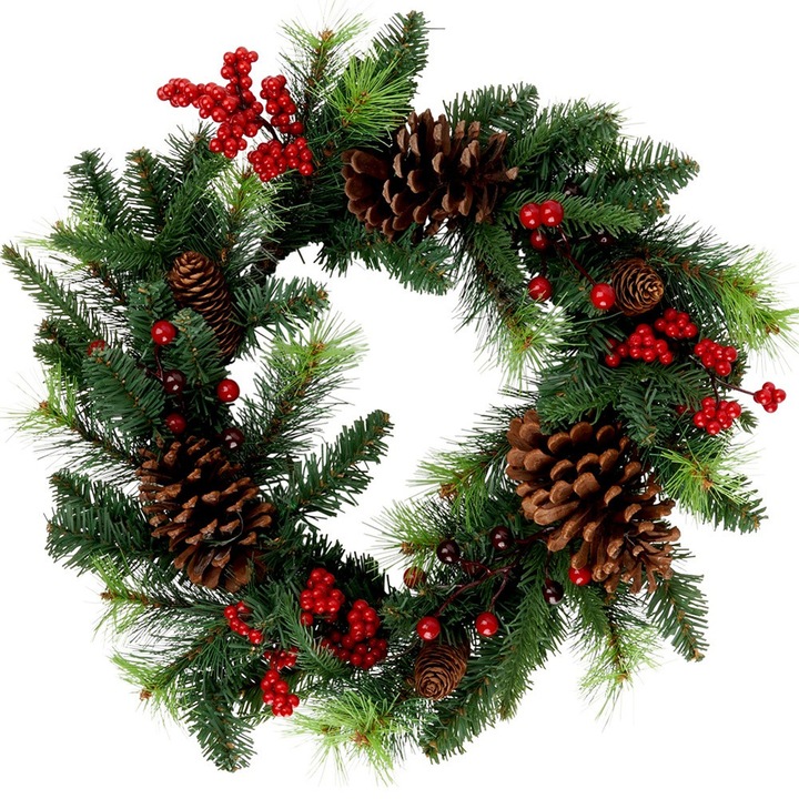 Coroana De Craciun, Home Styling Decoration, 45 cm, Fabricata Din Material De Inalta Calitate, Decorata Bogat Cu Conuri Si Ramuri Cu Fructe Rosii De Iarba De Padure, Aspect Durabil Si Realist, Decoratiune Universala De Craciun, Verde/Rosu