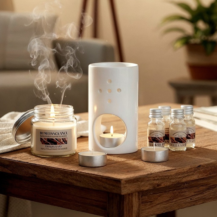 Комплект за ароматерапия Home Styling Collection, 8 части, керамика, 4 ароматни масла 10 мл, 2 чаени свещи