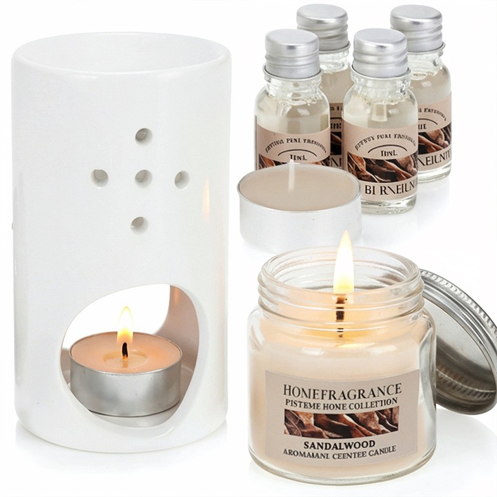 Set Aromaterapie Home Styling Collection, 8 piese, ceramica, 4 uleiuri aromatice 10 ml, 2 lumanari tip tealight
