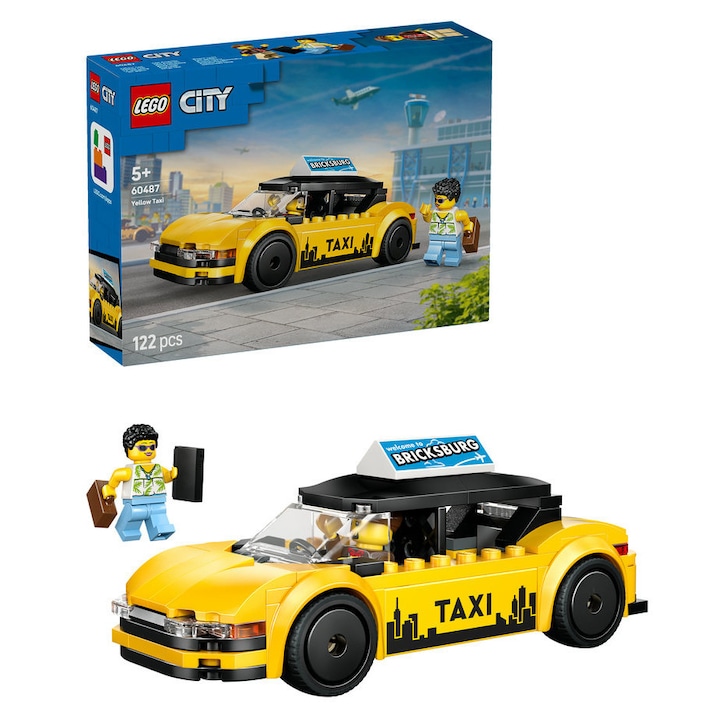 Set de constructie LEGO® City Taxi galben 60487, Jucarii pentru Copii de 5+ Ani, Jucarii pentru Baieti, Masina de Jucarie, Idee de Cadou pentru Copii